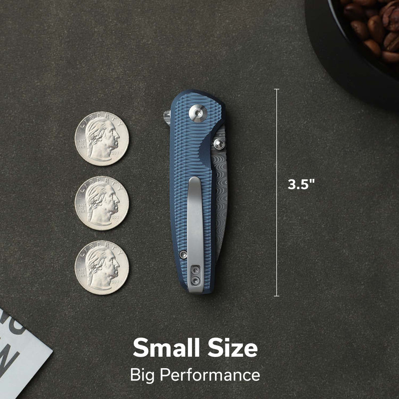 CIVIVI Mini Shakan Flipper & Thumb Stud & Button Lock Knife Ripple Patterned Blue Aluminum Handle (2.48" Damascus Blade) C20052F - DS1