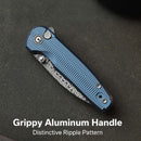 CIVIVI Mini Shakan Flipper & Thumb Stud & Button Lock Knife Ripple Patterned Blue Aluminum Handle (2.48" Damascus Blade) C20052F - DS1