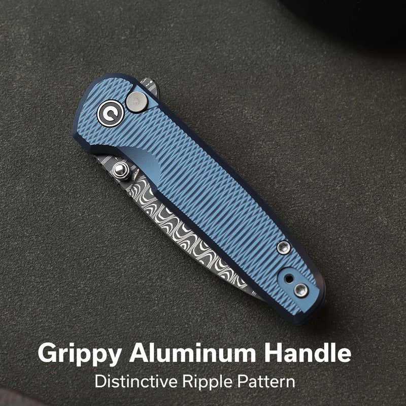 CIVIVI Mini Shakan Flipper & Thumb Stud & Button Lock Knife Ripple Patterned Blue Aluminum Handle (2.48" Damascus Blade) C20052F - DS1