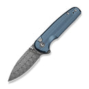 CIVIVI Mini Shakan Flipper & Thumb Stud & Button Lock Knife Ripple Patterned Blue Aluminum Handle (2.48" Damascus Blade) C20052F - DS1
