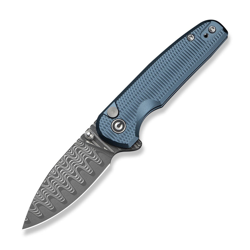 CIVIVI Mini Shakan Flipper & Thumb Stud & Button Lock Knife Ripple Patterned Blue Aluminum Handle (2.48" Damascus Blade) C20052F - DS1