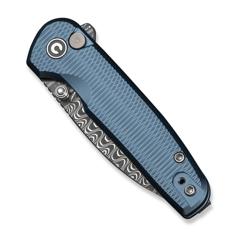 CIVIVI Mini Shakan Flipper & Thumb Stud & Button Lock Knife Ripple Patterned Blue Aluminum Handle (2.48" Damascus Blade) C20052F - DS1