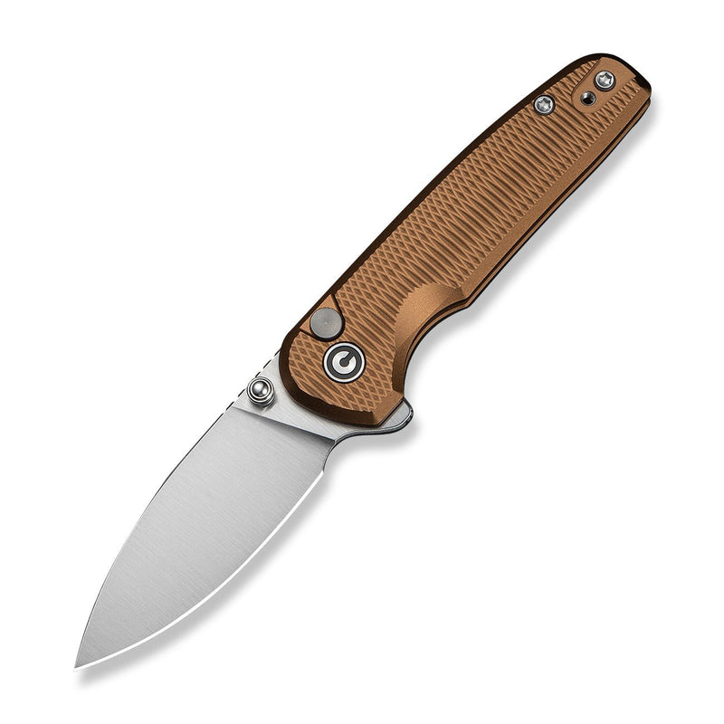 CIVIVI Mini Shakan Flipper & Thumb Stud & Button Lock Knife Ripple Patterned Coyote Brown Aluminum Handle (2.48" Satin Finished Nitro - V Blade) C20052F - 3