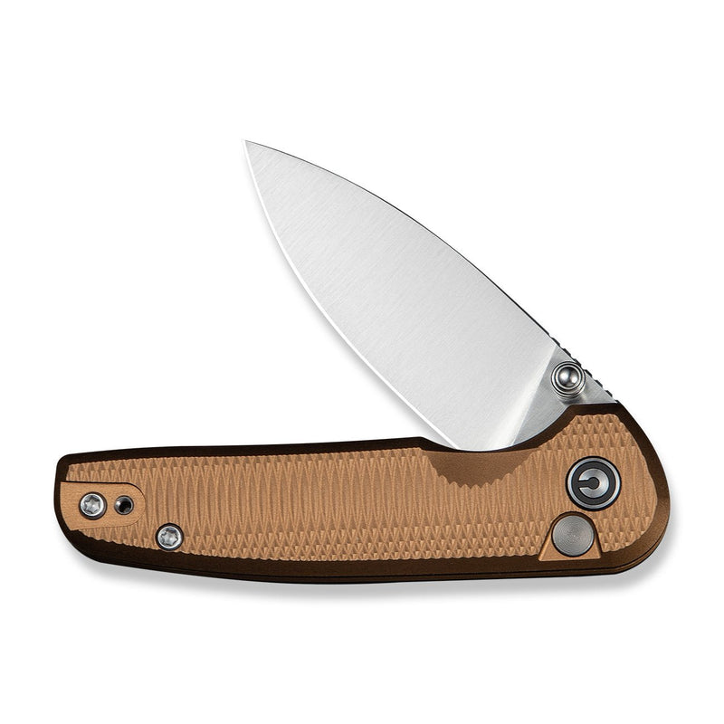 CIVIVI Mini Shakan Flipper & Thumb Stud & Button Lock Knife Ripple Patterned Coyote Brown Aluminum Handle (2.48" Satin Finished Nitro - V Blade) C20052F - 3