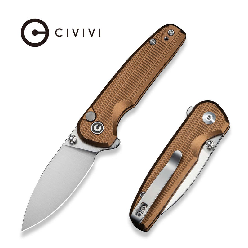 CIVIVI Mini Shakan Flipper & Thumb Stud & Button Lock Knife Ripple Patterned Coyote Brown Aluminum Handle (2.48" Satin Finished Nitro - V Blade) C20052F - 3