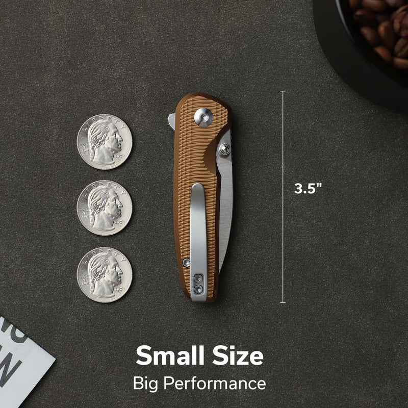 CIVIVI Mini Shakan Flipper & Thumb Stud & Button Lock Knife Ripple Patterned Coyote Brown Aluminum Handle (2.48" Satin Finished Nitro - V Blade) C20052F - 3