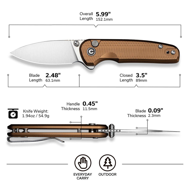 CIVIVI Mini Shakan Flipper & Thumb Stud & Button Lock Knife Ripple Patterned Coyote Brown Aluminum Handle (2.48" Satin Finished Nitro - V Blade) C20052F - 3
