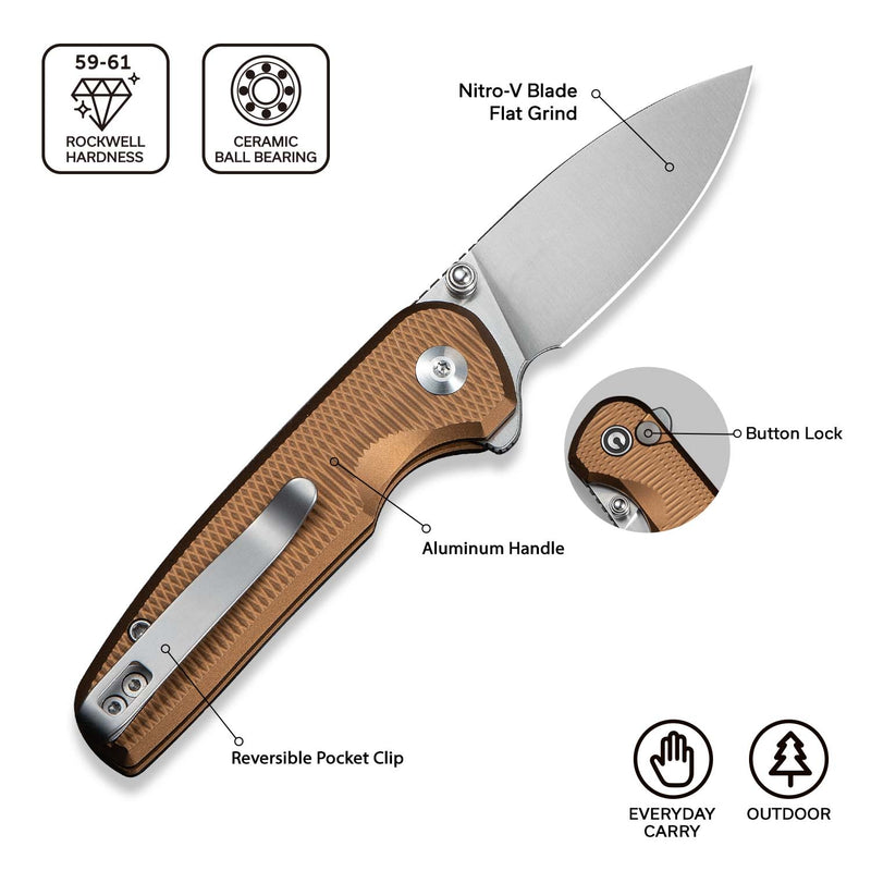 CIVIVI Mini Shakan Flipper & Thumb Stud & Button Lock Knife Ripple Patterned Coyote Brown Aluminum Handle (2.48" Satin Finished Nitro - V Blade) C20052F - 3