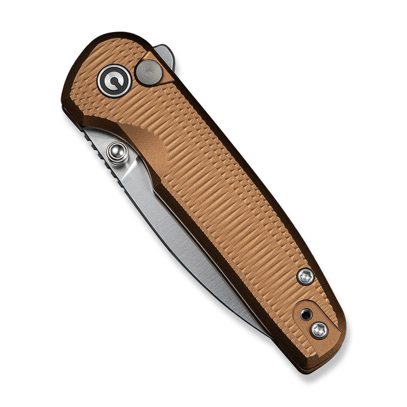 CIVIVI Mini Shakan Flipper & Thumb Stud & Button Lock Knife Ripple Patterned Coyote Brown Aluminum Handle (2.48" Satin Finished Nitro - V Blade) C20052F - 3