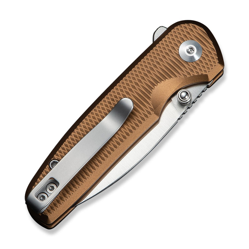 CIVIVI Mini Shakan Flipper & Thumb Stud & Button Lock Knife Ripple Patterned Coyote Brown Aluminum Handle (2.48" Satin Finished Nitro - V Blade) C20052F - 3