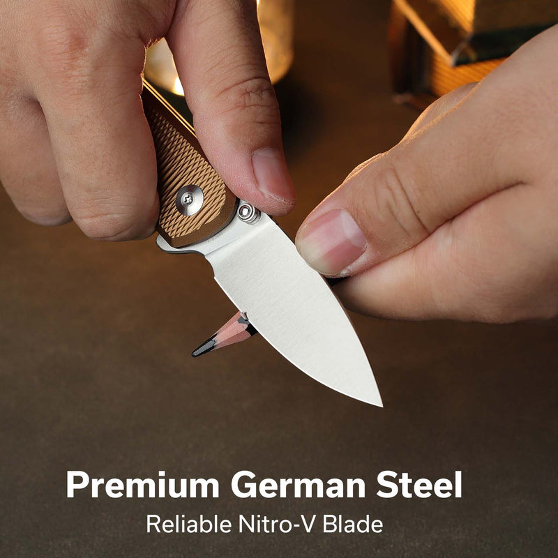 CIVIVI Mini Shakan Flipper & Thumb Stud & Button Lock Knife Ripple Patterned Coyote Brown Aluminum Handle (2.48" Satin Finished Nitro - V Blade) C20052F - 3