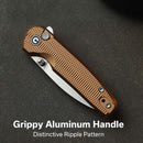 CIVIVI Mini Shakan Flipper & Thumb Stud & Button Lock Knife Ripple Patterned Coyote Brown Aluminum Handle (2.48" Satin Finished Nitro - V Blade) C20052F - 3
