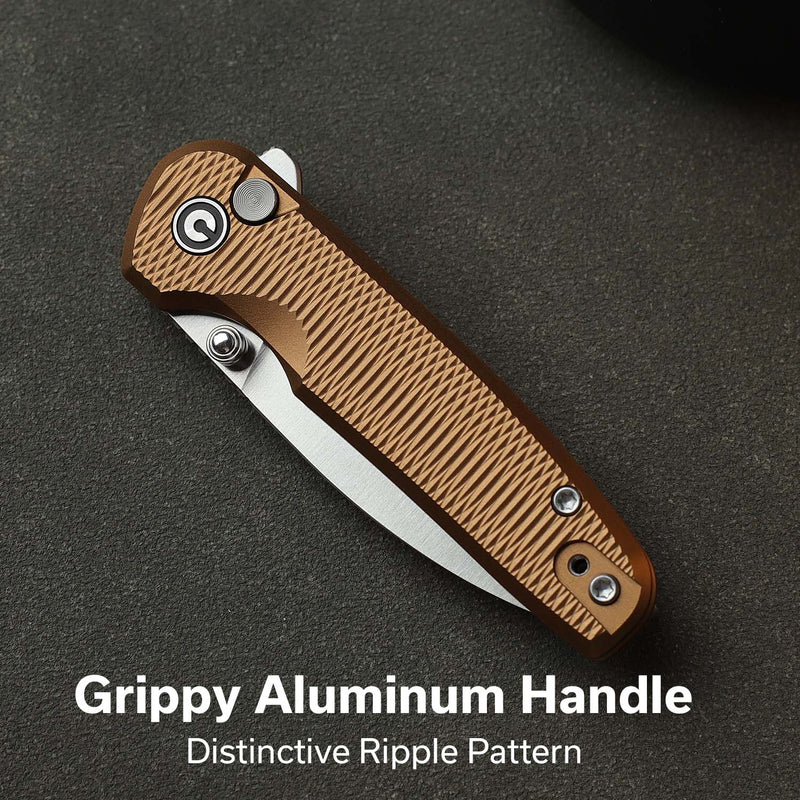 CIVIVI Mini Shakan Flipper & Thumb Stud & Button Lock Knife Ripple Patterned Coyote Brown Aluminum Handle (2.48" Satin Finished Nitro - V Blade) C20052F - 3