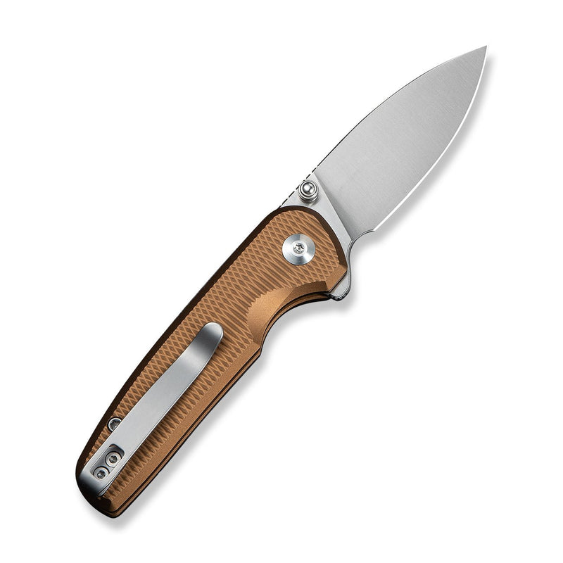 CIVIVI Mini Shakan Flipper & Thumb Stud & Button Lock Knife Ripple Patterned Coyote Brown Aluminum Handle (2.48" Satin Finished Nitro - V Blade) C20052F - 3