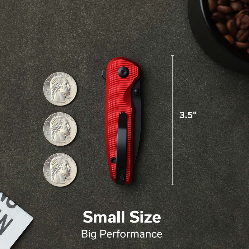CIVIVI Mini Shakan Flipper & Thumb Stud & Button Lock Knife Ripple Patterned Red Aluminum Handle (2.48" Black Stonewashed Nitro - V Blade) C20052F - 2