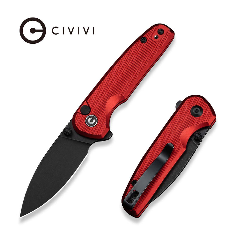 CIVIVI Mini Shakan Flipper & Thumb Stud & Button Lock Knife Ripple Patterned Red Aluminum Handle (2.48" Black Stonewashed Nitro - V Blade) C20052F - 2