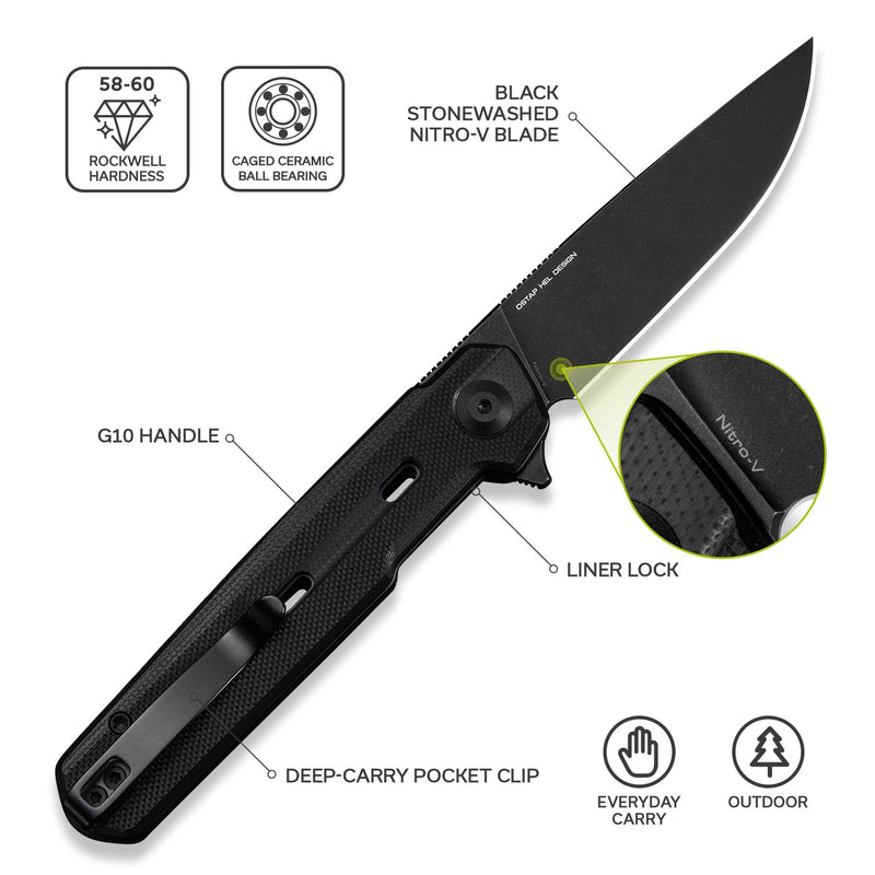 CIVIVI Navo Flipper Knife Black G10 Handle (3.25" Black Stonewashed Nitro - V Blade) C25015A - 1