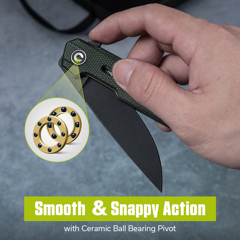 CIVIVI Navo Flipper Knife Green Canvas Micarta Handle (3.25" Black Stonewashed Nitro - V Blade) C25015A - 2