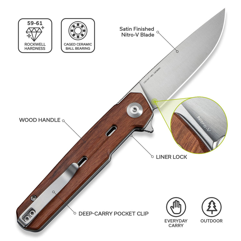 CIVIVI Navo Flipper Knife Guibourtia Wood Handle (3.25" Satin Finished Nitro - V Blade) C25015B - 1