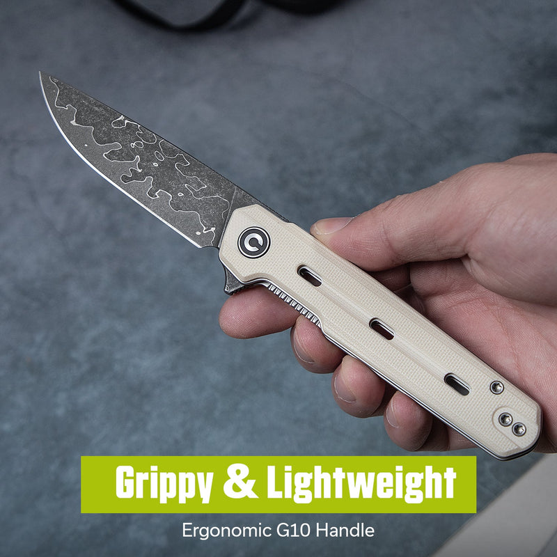 CIVIVI Navo Flipper Knife Ivory G10 Handle (3.25" Damascus Blade) C25015A - DS1