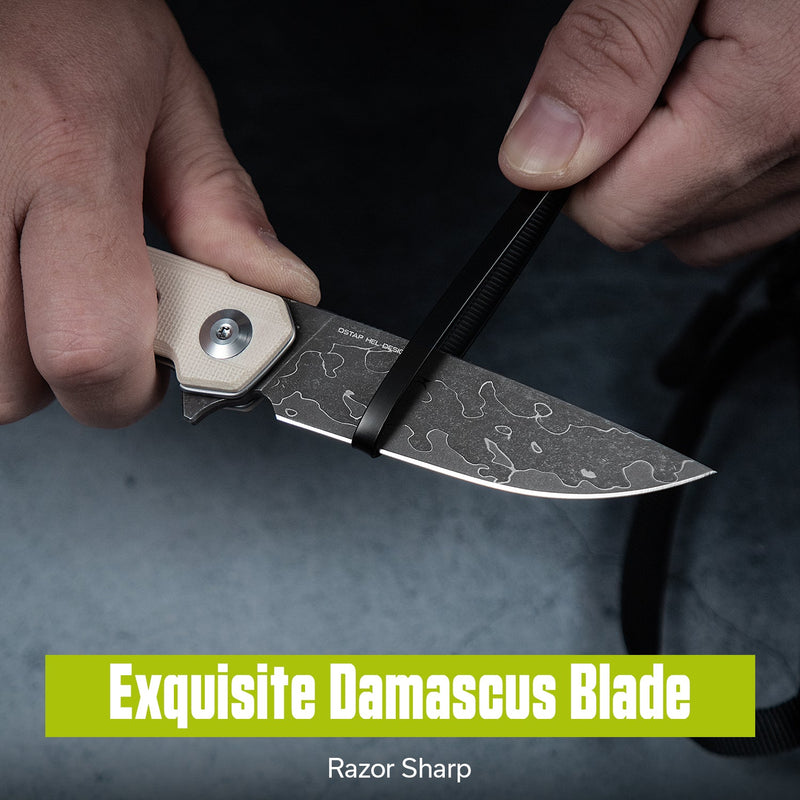 CIVIVI Navo Flipper Knife Ivory G10 Handle (3.25" Damascus Blade) C25015A - DS1