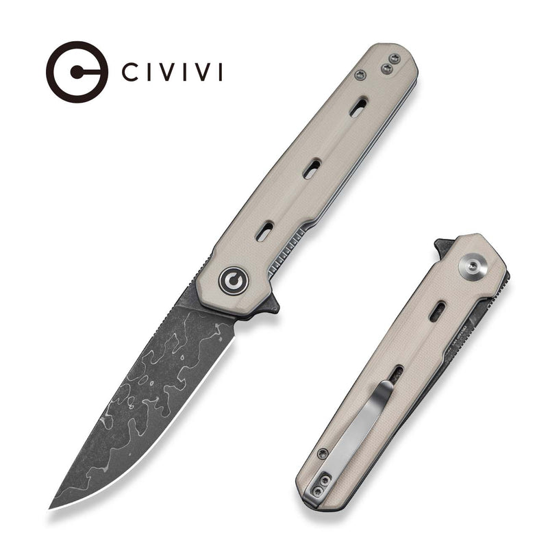 CIVIVI Navo Flipper Knife Ivory G10 Handle (3.25" Damascus Blade) C25015A - DS1