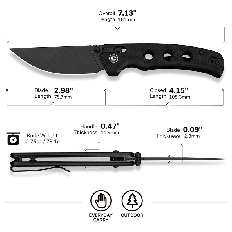 CIVIVI Noctis Thumb Stud & Crossbar Lock Knife Black G10 Handle (2.98" Black Stonewashed Nitro - V Blade) C24020C - 1
