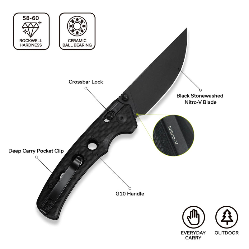 CIVIVI Noctis Thumb Stud & Crossbar Lock Knife Black G10 Handle (2.98" Black Stonewashed Nitro - V Blade) C24020C - 1