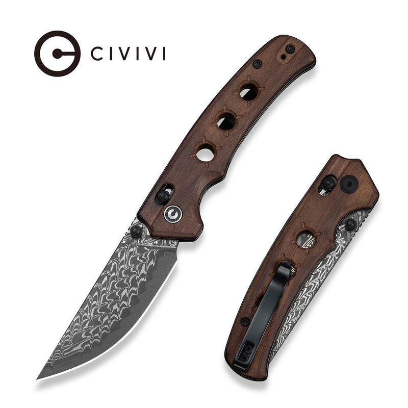 CIVIVI Noctis Thumb Stud & Crossbar Lock Knife Guibourtia Wood Handle (2.98" Damascus Blade) C24020C - DS1