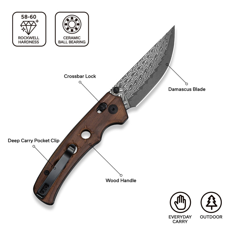 CIVIVI Noctis Thumb Stud & Crossbar Lock Knife Guibourtia Wood Handle (2.98" Damascus Blade) C24020C - DS1