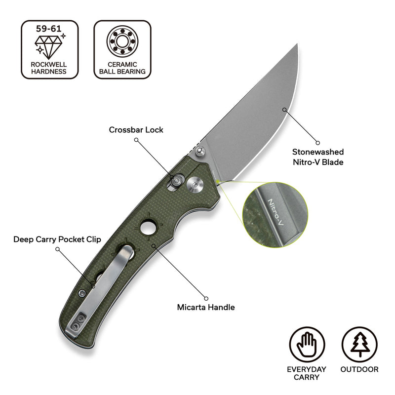 CIVIVI Noctis Thumb Stud & Crossbar Lock Knife Olive Canvas Micarta Handle (2.98" Stonewashed Nitro - V Blade) C24020C - 3