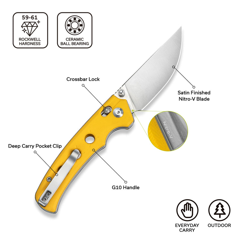 CIVIVI Noctis Thumb Stud & Crossbar Lock Knife Yellow G10 Handle (2.98" Satin Finished Nitro - V Blade) C24020C - 2