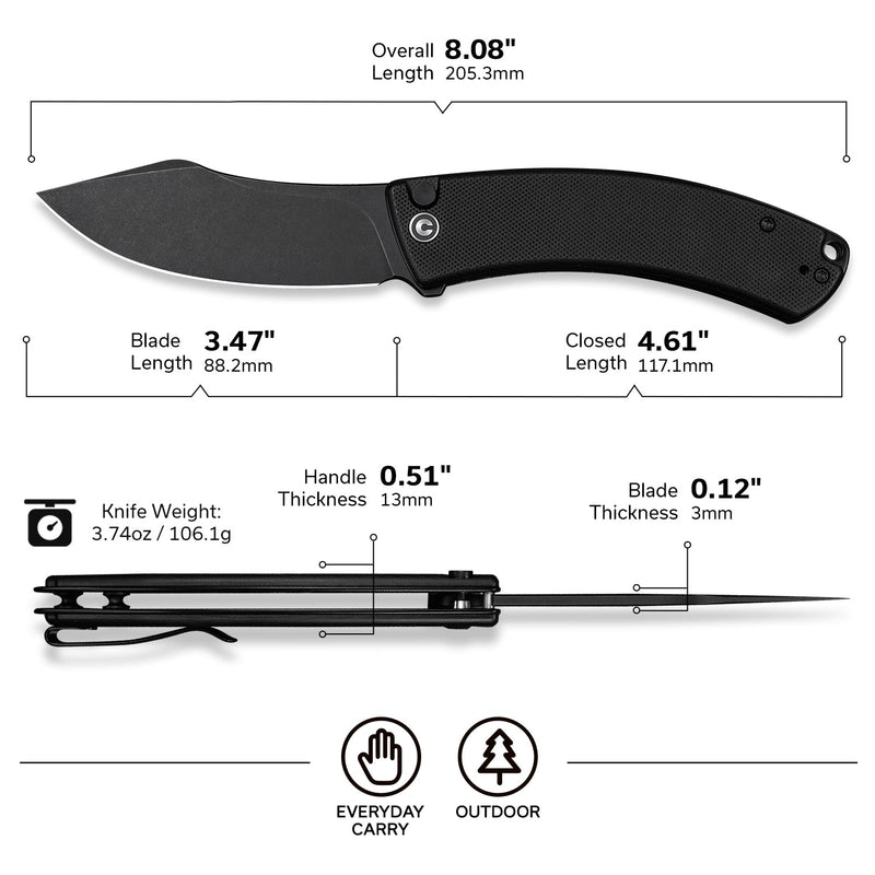 CIVIVI Outlaw Muk Flipper & Button Lock Knife Black G10 Handle (3.47" Black Stonewashed 14C28N Blade) C24079 - 1