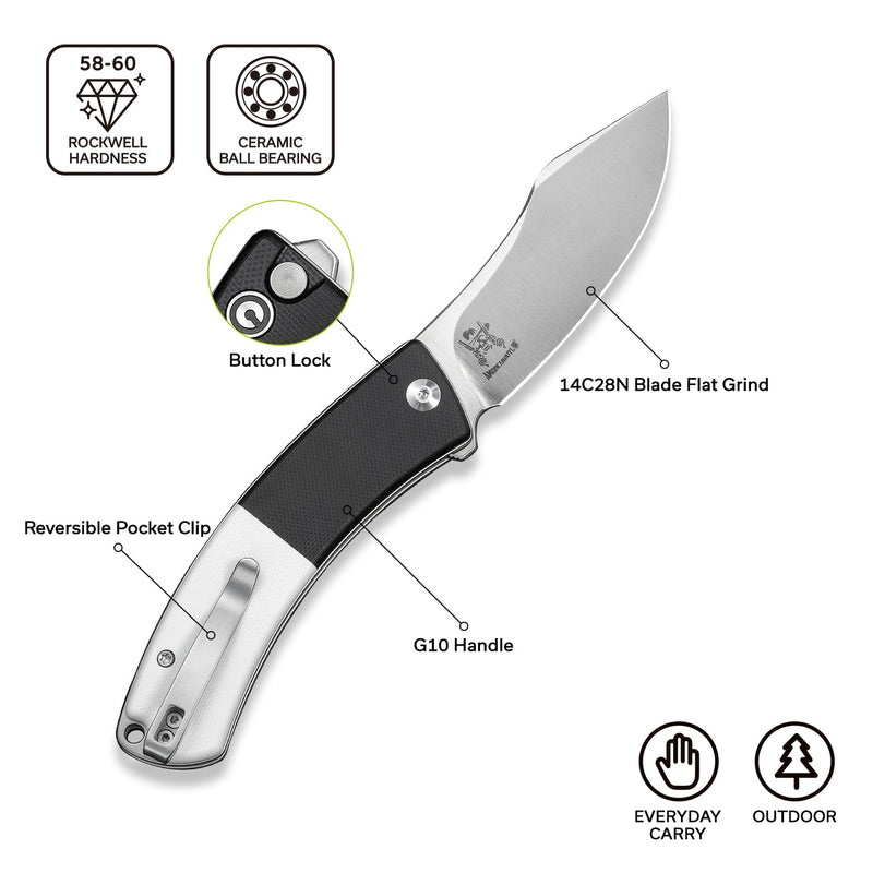 CIVIVI Outlaw Muk Flipper & Button Lock Knife Black & White G10 Handle (3.47" Satin Finished 14C28N Blade) C24079 - 4
