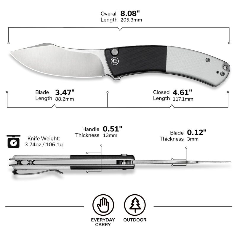 CIVIVI Outlaw Muk Flipper & Button Lock Knife Black & White G10 Handle (3.47" Satin Finished 14C28N Blade) C24079 - 4