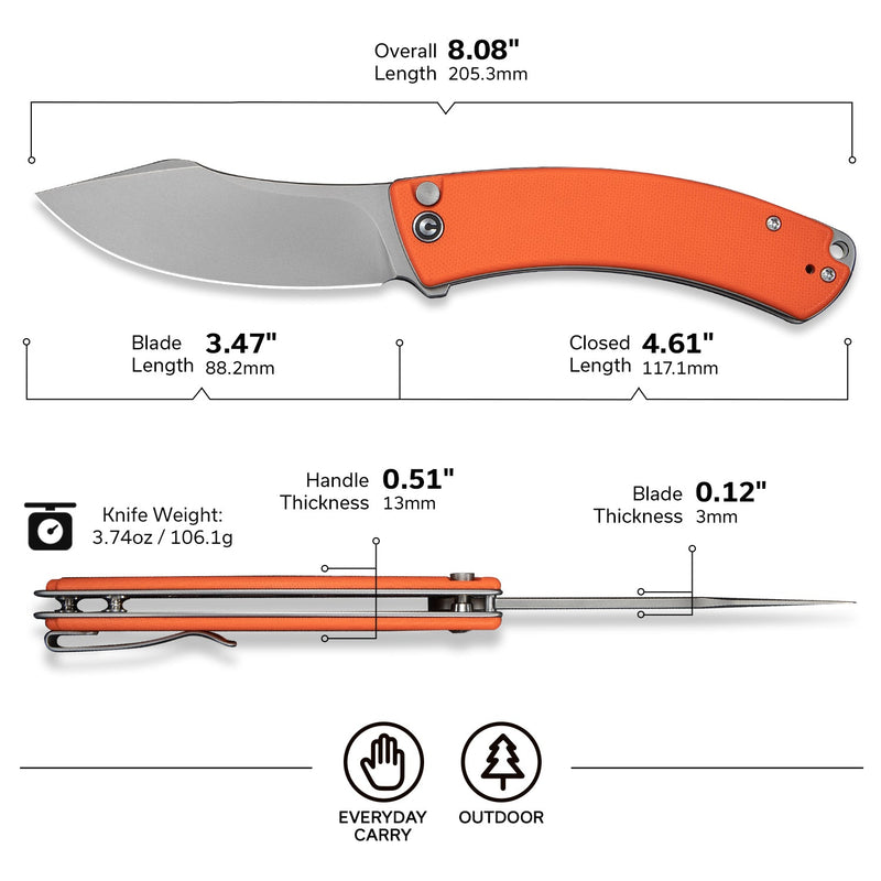CIVIVI Outlaw Muk Flipper & Button Lock Knife Orange G10 Handle (3.47" Stonewashed 14C28N Blade) C24079 - 2