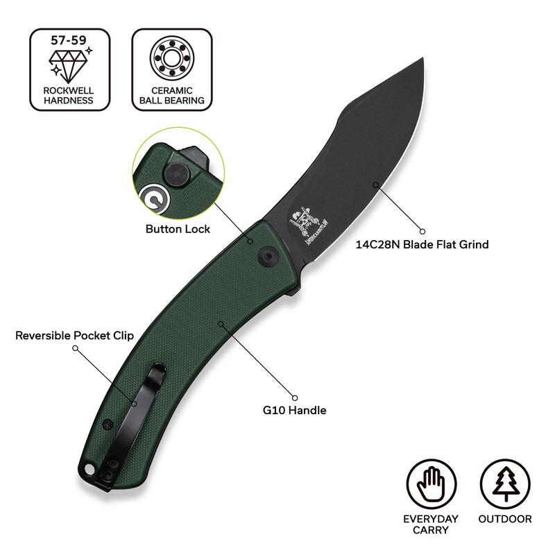 CIVIVI Outlaw Muk Flipper & Button Lock Knife Teal Green G10 Handle (3.47" Black Stonewashed 14C28N Blade) C24079 - 3