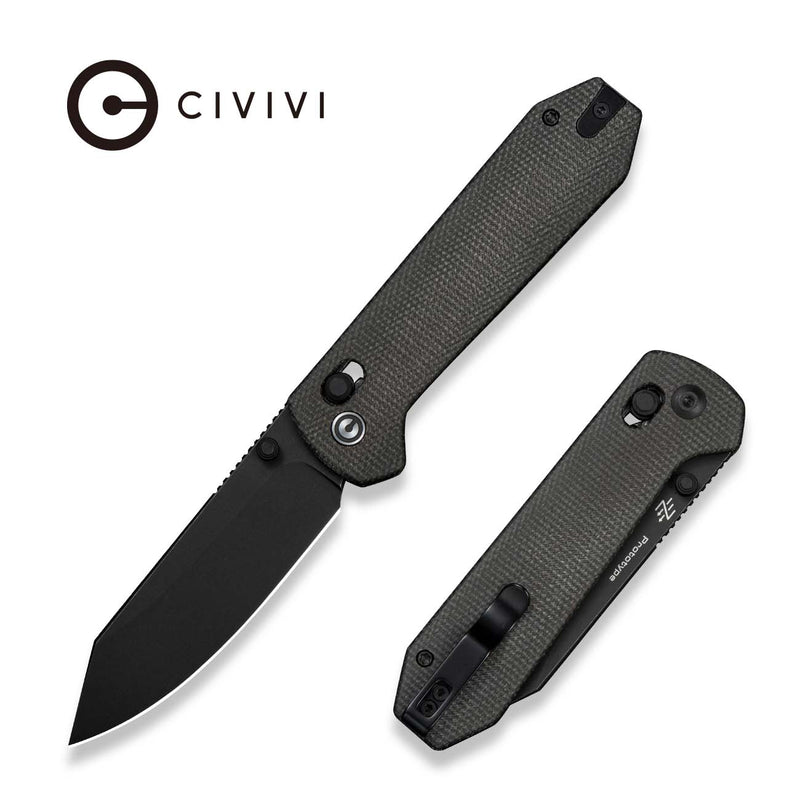CIVIVI Over Yonder Thumb Stud & Crossbar Lock Knife Dark Green Canvas Micarta Handle (3.35" Black Stonewashed 14C28N Blade) C25027B Sample1