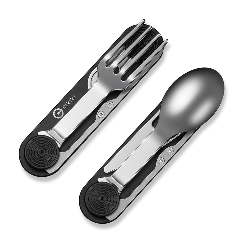CIVIVI Partake 4 - In - 1 Multi - Tool Black Aluminum Handle Stainless Steel Knife, Fork, Spoon & Can Opener C24032C - 1, With A Waxed Canvas Pouch
