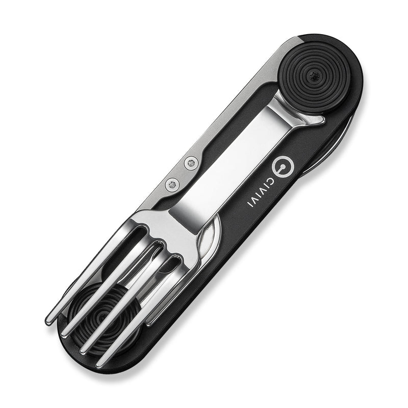 CIVIVI Partake 4 - In - 1 Multi - Tool Black Aluminum Handle Stainless Steel Knife, Fork, Spoon & Can Opener C24032C - 1, With A Waxed Canvas Pouch