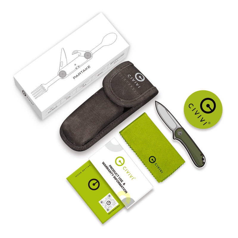 CIVIVI Partake 4 - In - 1 Multi - Tool Black Aluminum Handle Stainless Steel Knife, Fork, Spoon & Can Opener C24032C - 1, With A Waxed Canvas Pouch