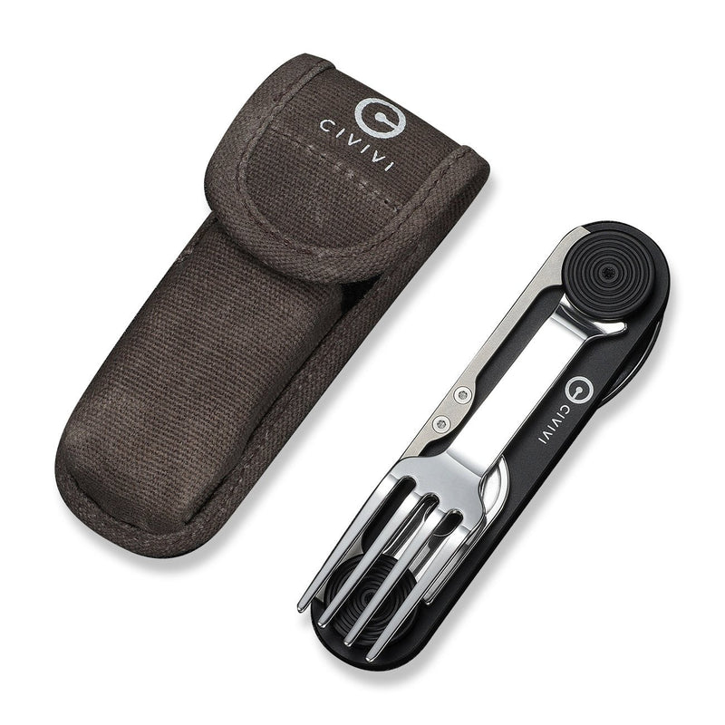 CIVIVI Partake 4 - In - 1 Multi - Tool Black Aluminum Handle Stainless Steel Knife, Fork, Spoon & Can Opener C24032C - 1, With A Waxed Canvas Pouch