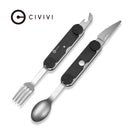 CIVIVI Partake 4 - In - 1 Multi - Tool Black Aluminum Handle Stainless Steel Knife, Fork, Spoon & Can Opener C24032C - 1, With A Waxed Canvas Pouch
