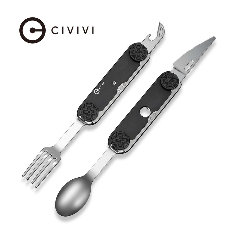 CIVIVI Partake 4 - In - 1 Multi - Tool Black Aluminum Handle Stainless Steel Knife, Fork, Spoon & Can Opener C24032C - 1, With A Waxed Canvas Pouch