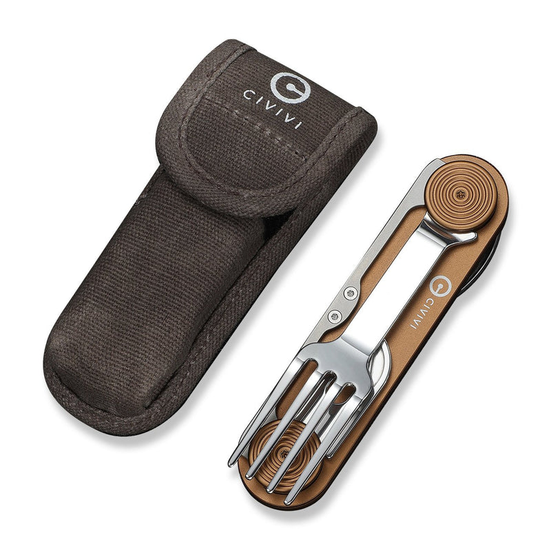 CIVIVI Partake 4 - In - 1 Multi - Tool Coyote Brown Aluminum Handle Stainless Steel Knife, Fork, Spoon & Can Opener C24032C - 2, With A Waxed Canvas Pouch