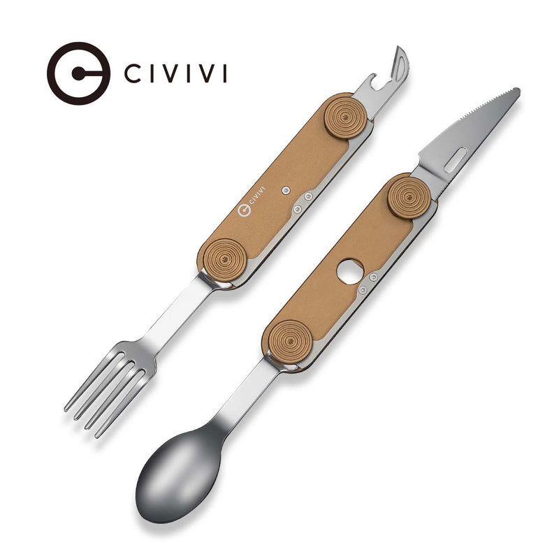 CIVIVI Partake 4 - In - 1 Multi - Tool Coyote Brown Aluminum Handle Stainless Steel Knife, Fork, Spoon & Can Opener C24032C - 2, With A Waxed Canvas Pouch