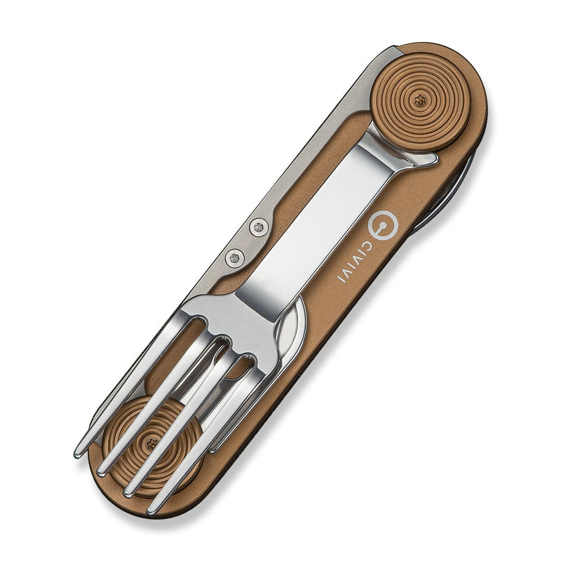 CIVIVI Partake 4 - In - 1 Multi - Tool Coyote Brown Aluminum Handle Stainless Steel Knife, Fork, Spoon & Can Opener C24032C - 2, With A Waxed Canvas Pouch