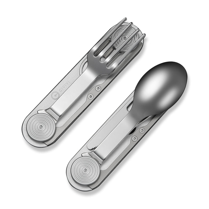 CIVIVI Partake 4 - In - 1 Multi - Tool Silver Aluminum Handle Stainless Steel Knife, Fork, Spoon & Can Opener C24032C - 3, With A Waxed Canvas Pouch