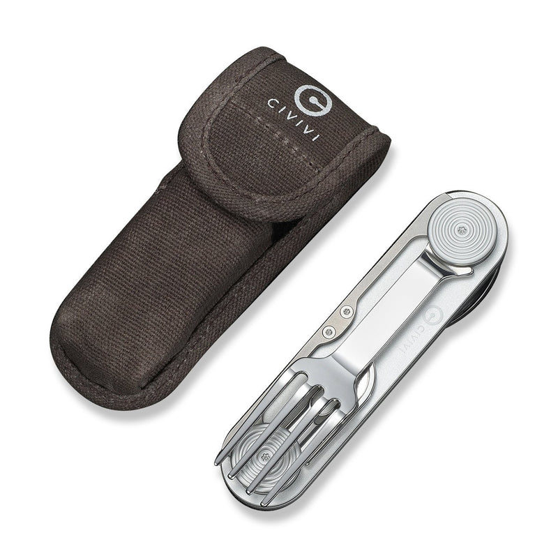CIVIVI Partake 4 - In - 1 Multi - Tool Silver Aluminum Handle Stainless Steel Knife, Fork, Spoon & Can Opener C24032C - 3, With A Waxed Canvas Pouch