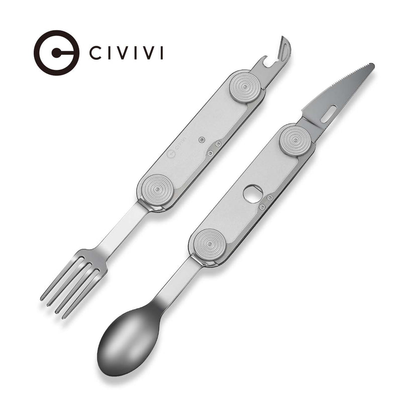 CIVIVI Partake 4 - In - 1 Multi - Tool Silver Aluminum Handle Stainless Steel Knife, Fork, Spoon & Can Opener C24032C - 3, With A Waxed Canvas Pouch